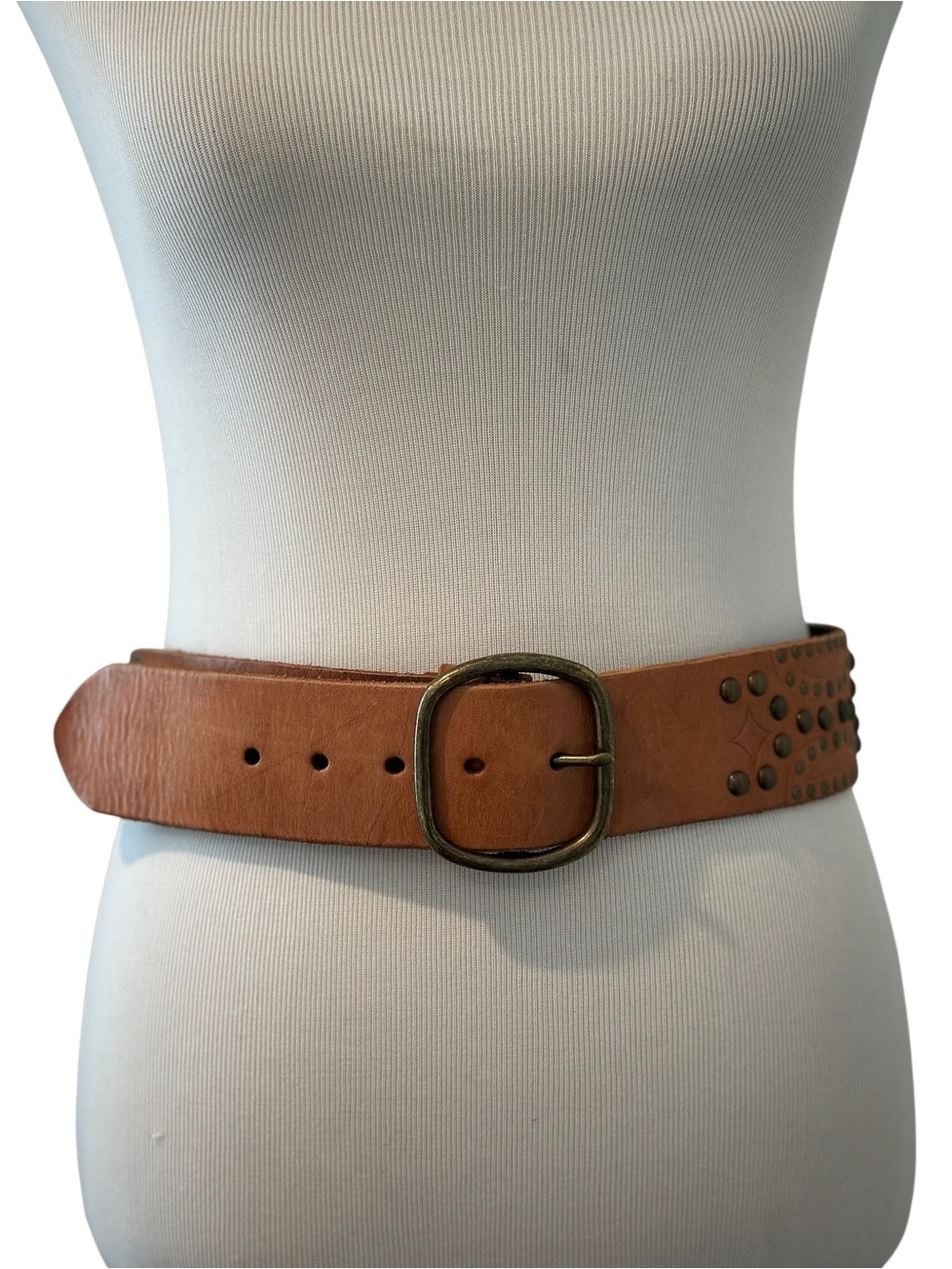 Wide Brown Leather Studded Waist Belt with Brass Buckle - Picture 1 of 14